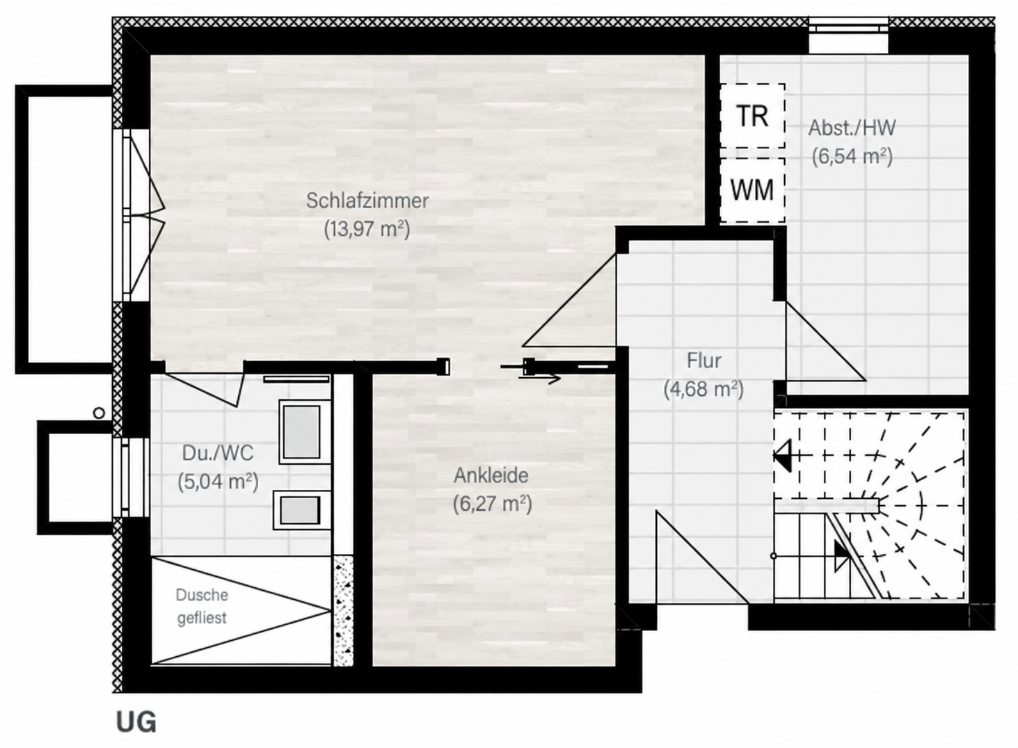 Plano del semisótano del piso 1, con dormitorio, baño y vestidor de acceso directo, y trastero con lavadero