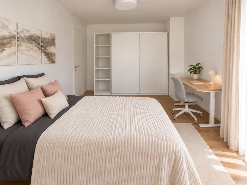 Ground-floor bedroom/children’s room with bed, white wardrobe and desk with a light-grey chair